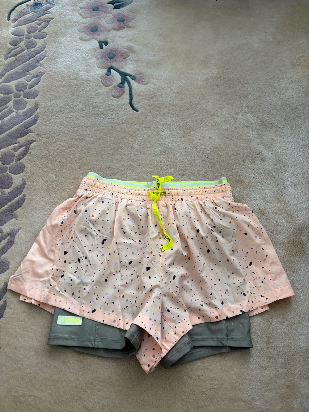 P.E Nation Peach Speckle Layered Athletic Shorts with Neon Drawcord